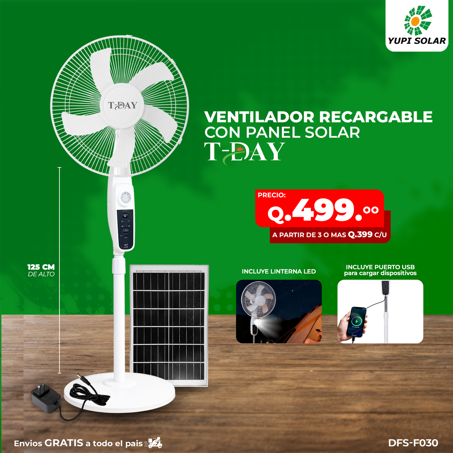 Ventilador con panel solar retráctil con usb y luz led
