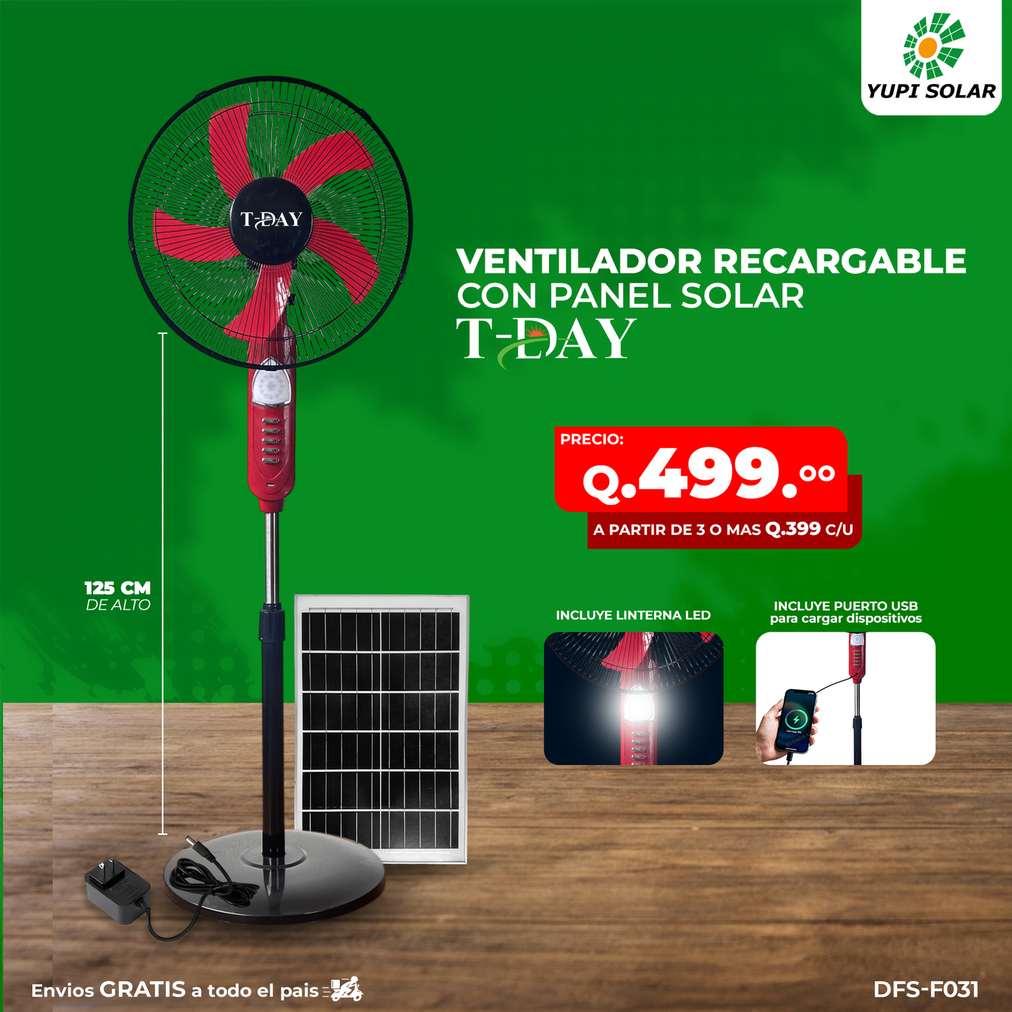 Ventilador con panel solar retráctil con usb y luz led color Rojo