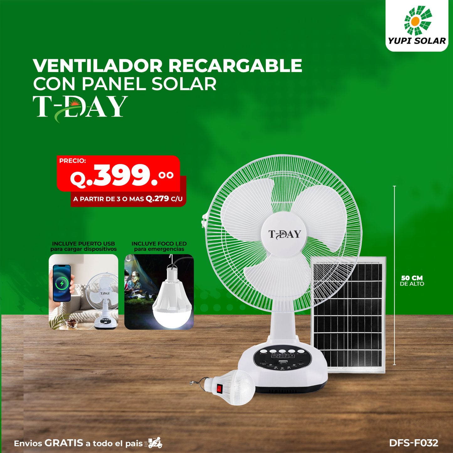 Ventilador con panel solar y bombillo incluido