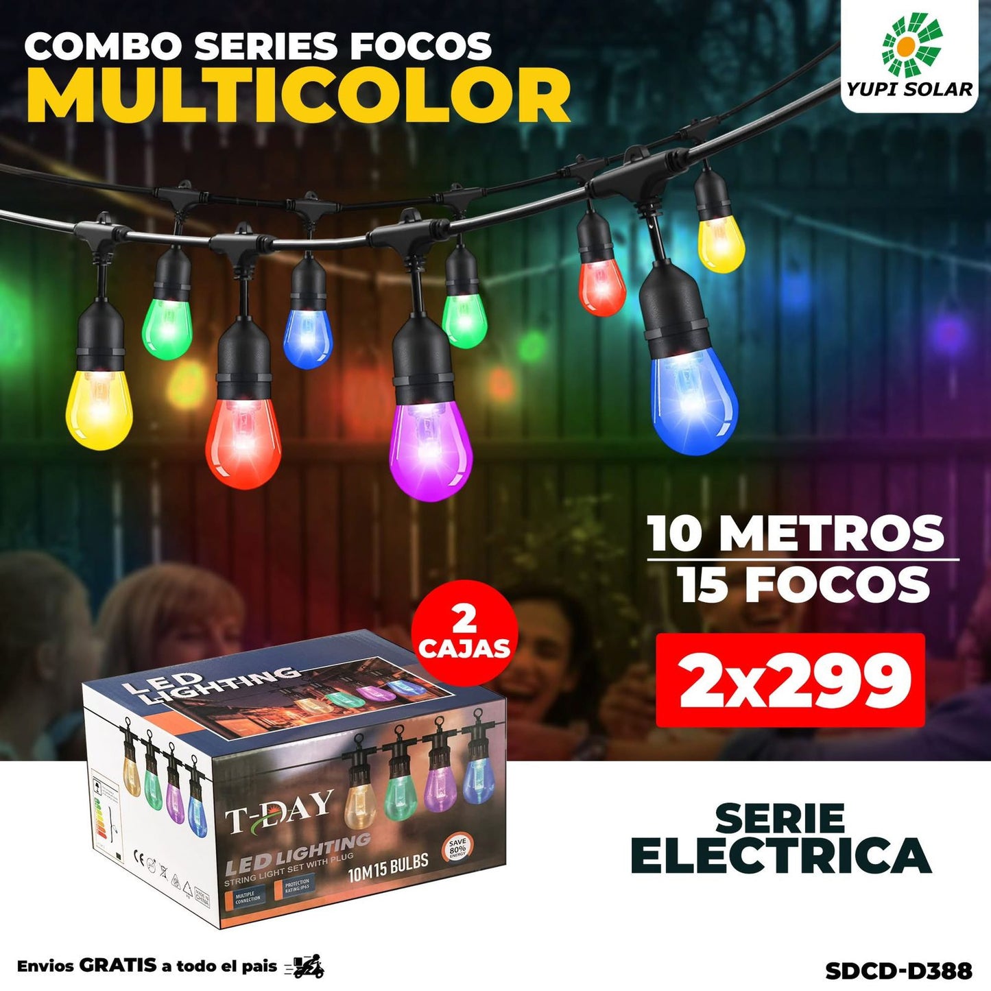 Combos de Serie Focos Multicolor Electricas 10 metros 15 focos