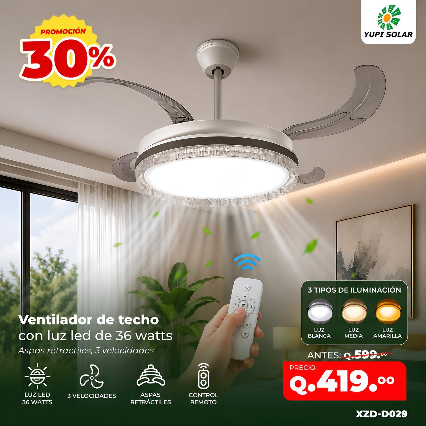 Ventilador de techo con luz led de 36 watts franja vintage