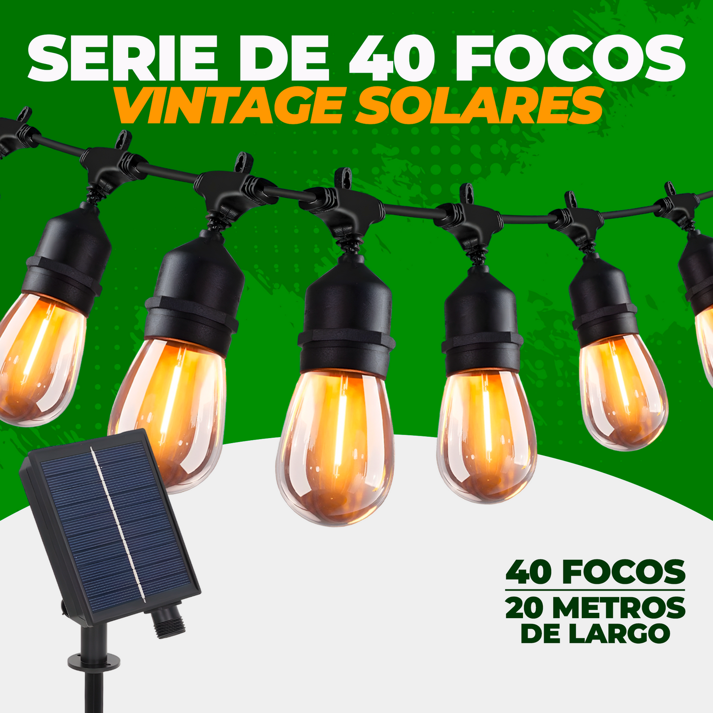 Serie de Luces Vintage Solares de 20 Metros de largo y 40 Focos