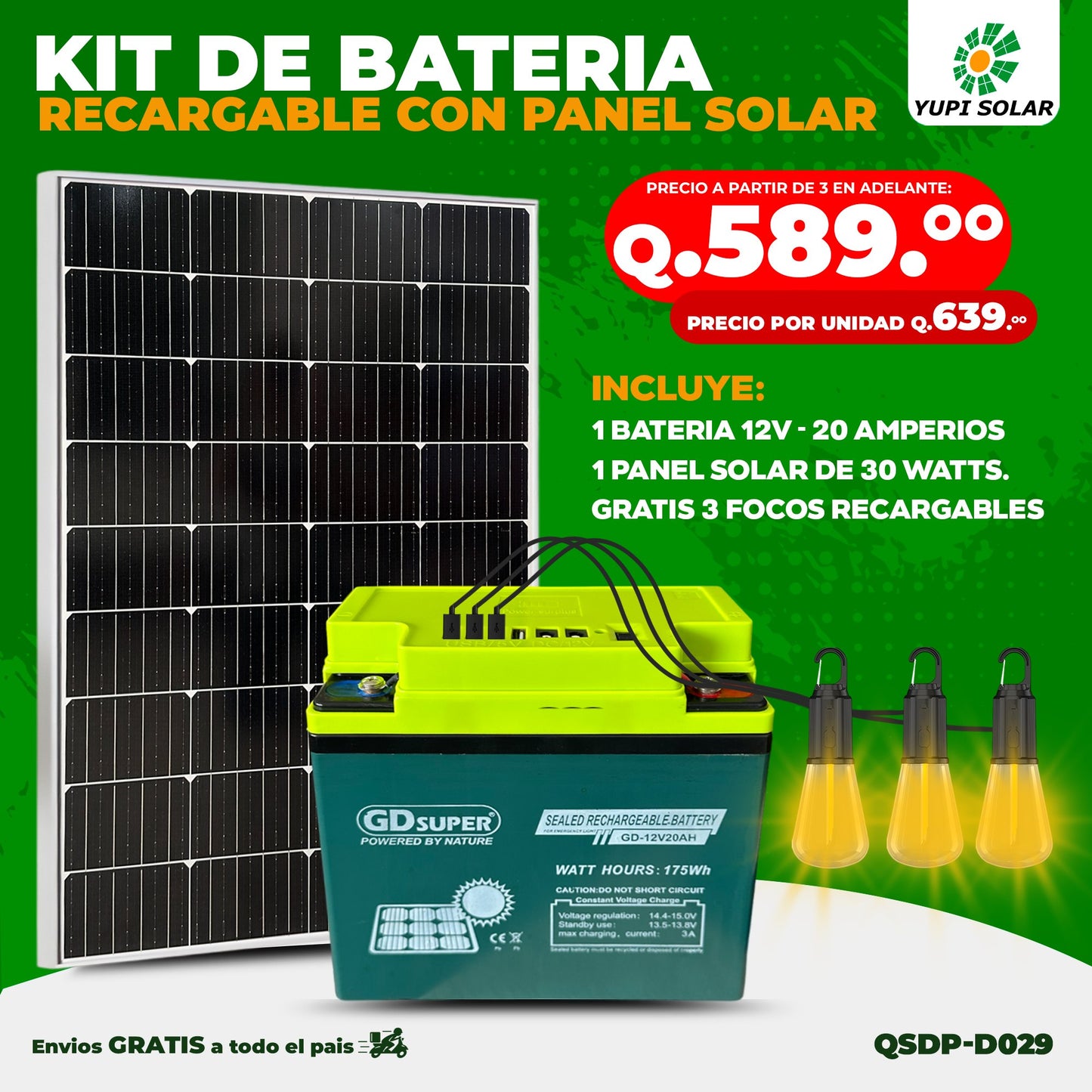 Kit de batería 12V-20AMP recargable con panel solar