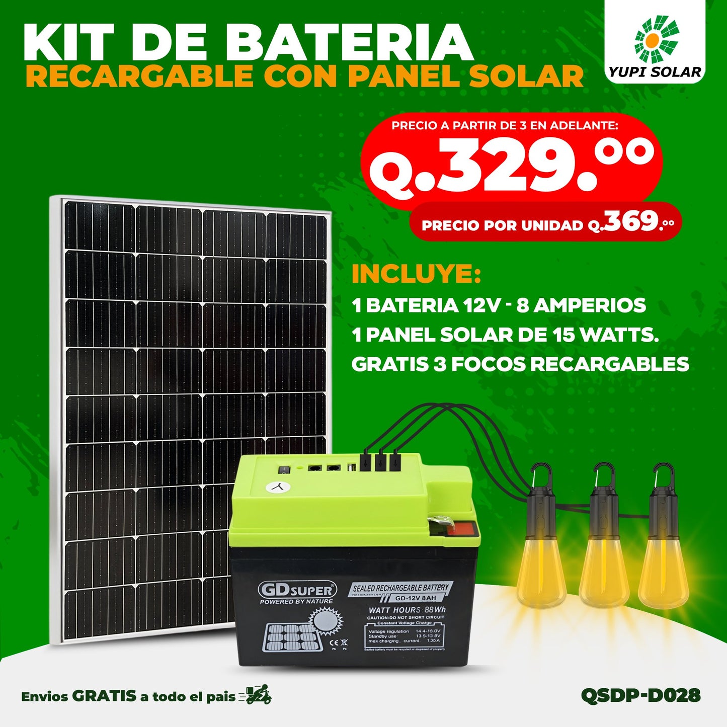 Kit de batería 12V-8AMP recargable con panel solar