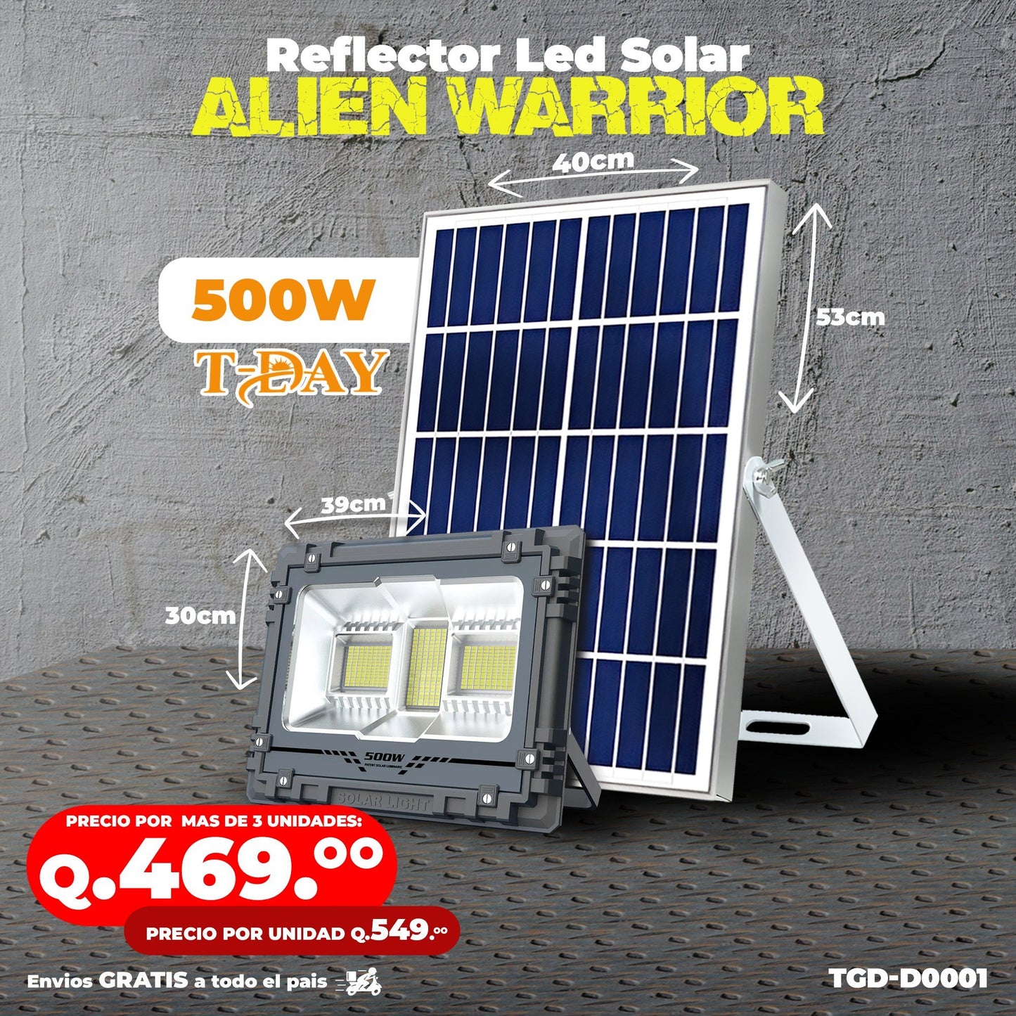 Reflector led 500 Watts con panel solar