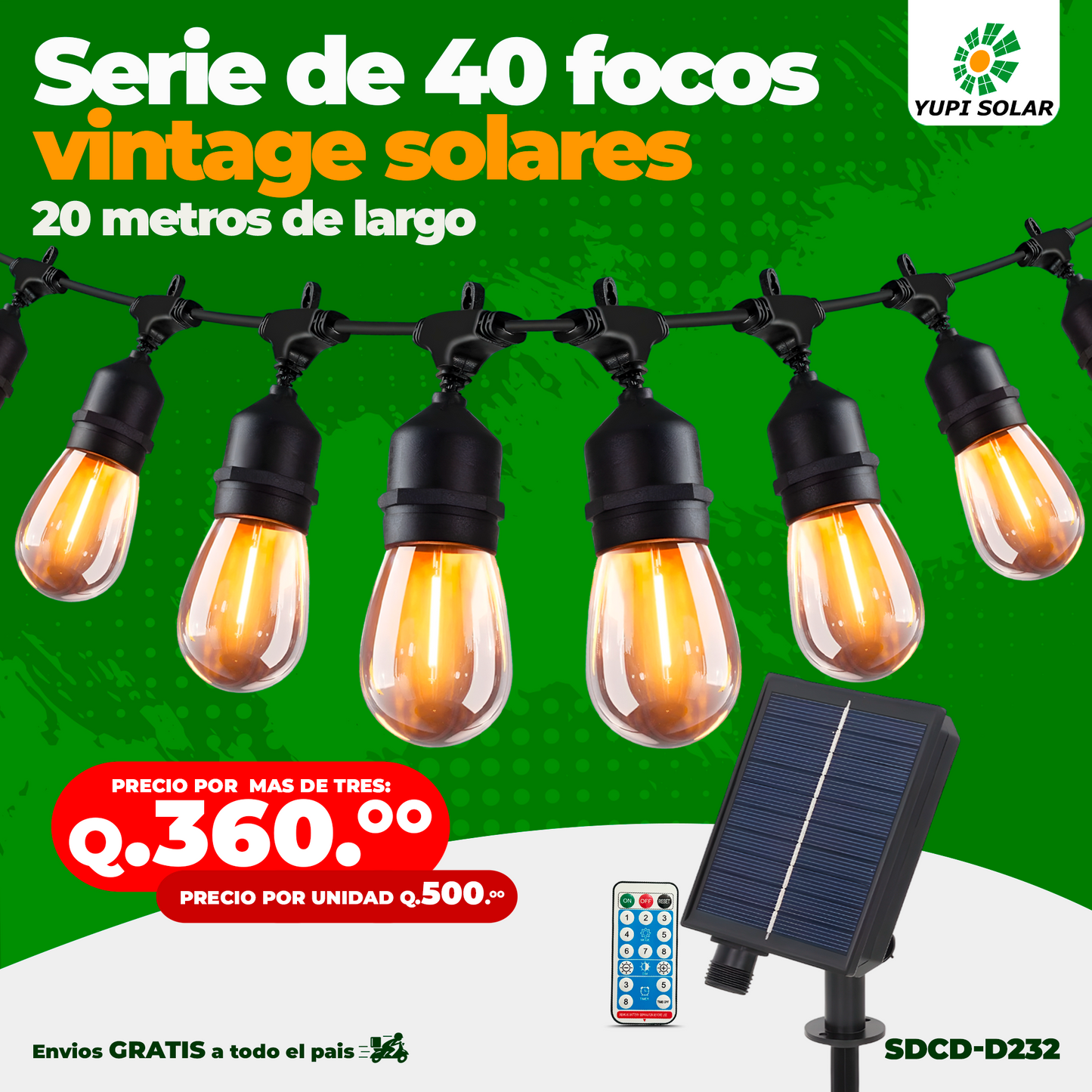 Serie de Luces Vintage Solares de 20 Metros de largo y 40 Focos