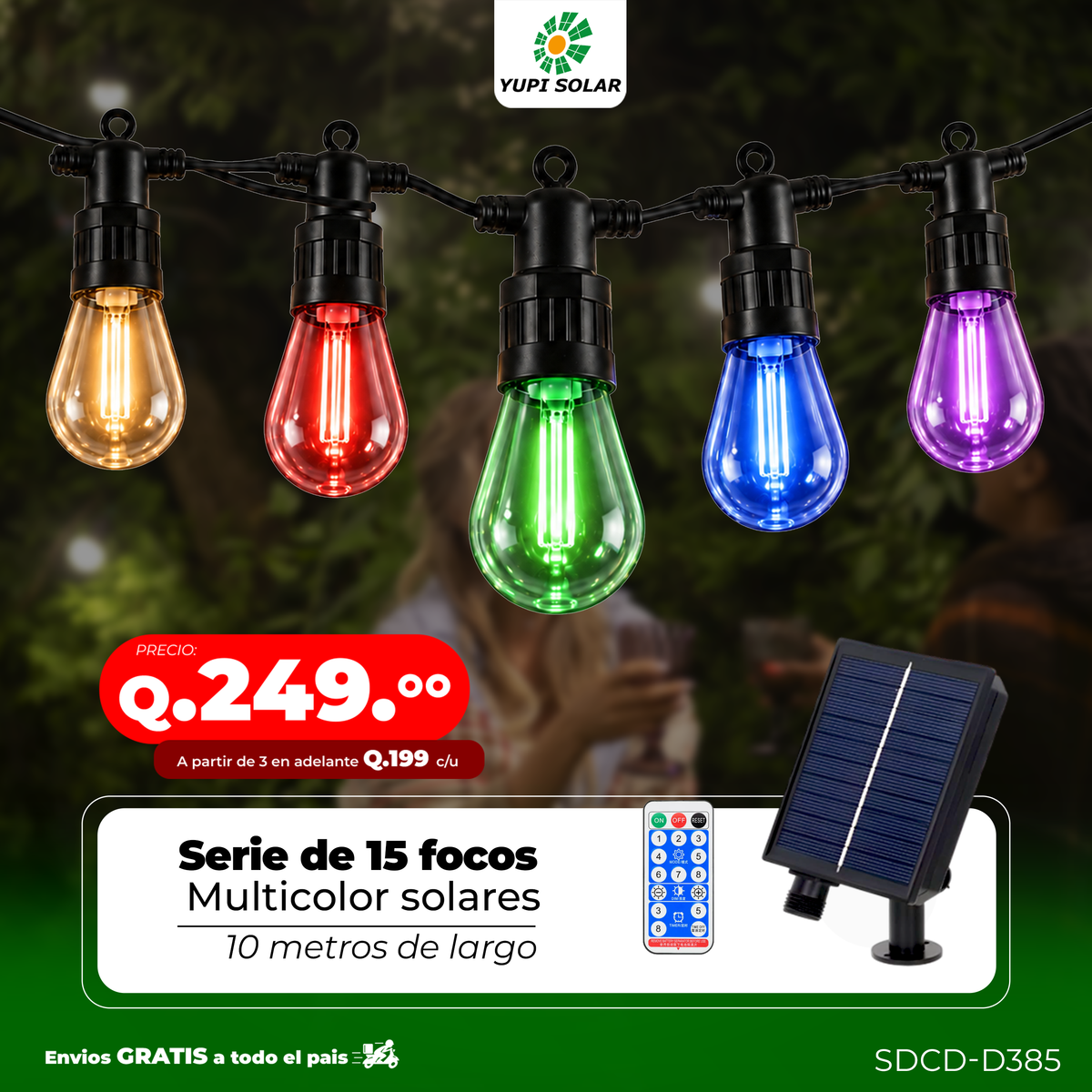 Serie de Focos Vintage con Panel Solar 10 metros 15 focos