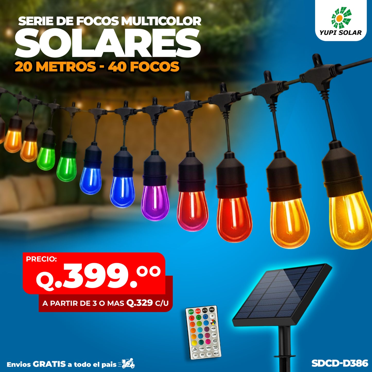 Serie de Focos Vintage con Panel Solar 20 metros 40 focos