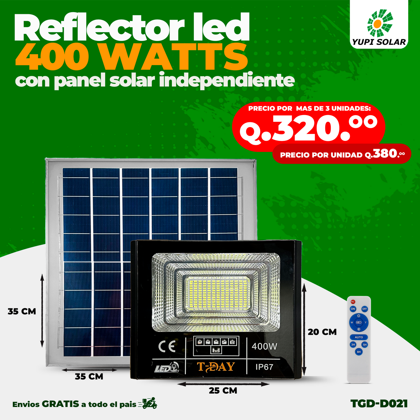 Reflector Led 400 Watts con Panel Solar Independiente