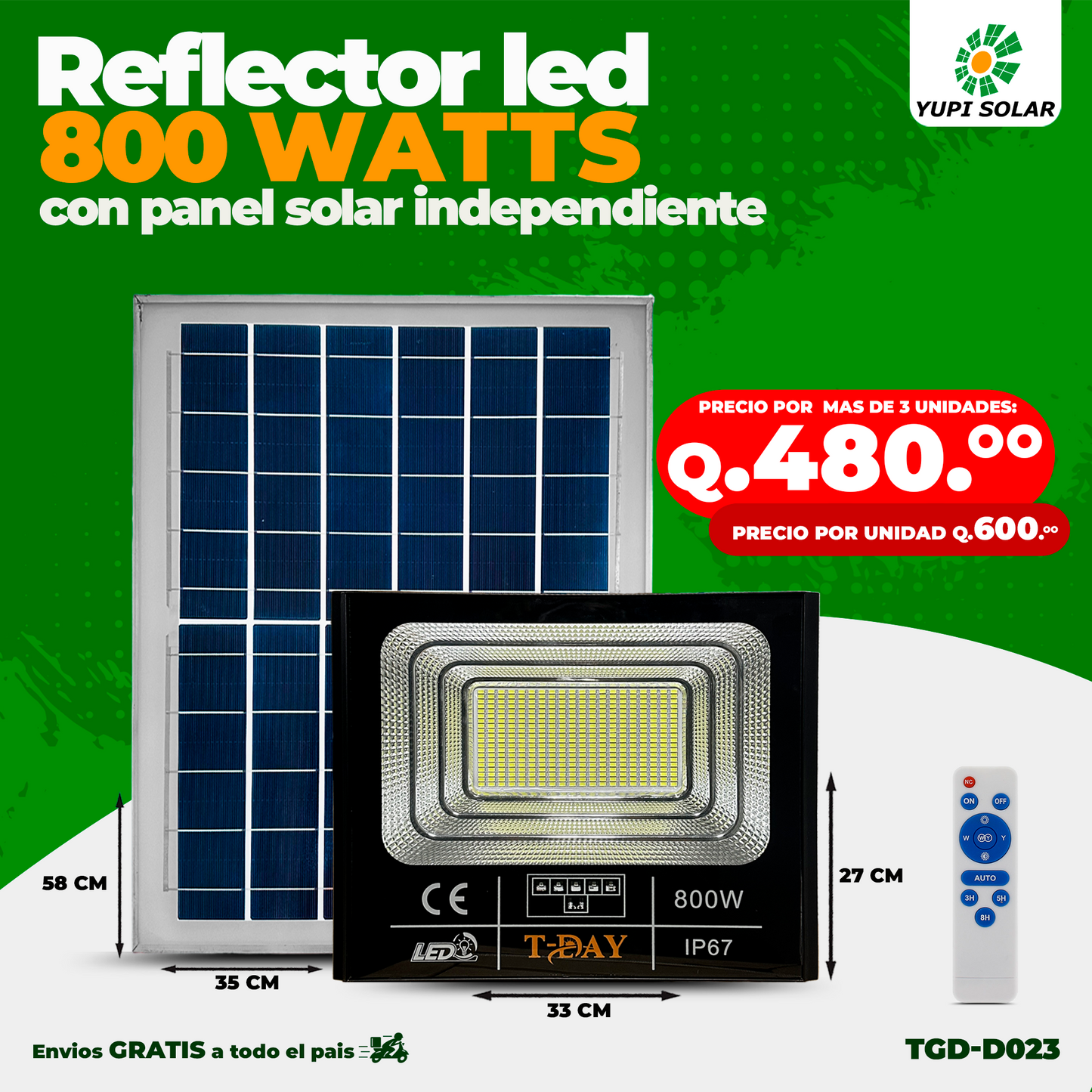 Reflector Led de 800 Watts con Panel Solar Independiente