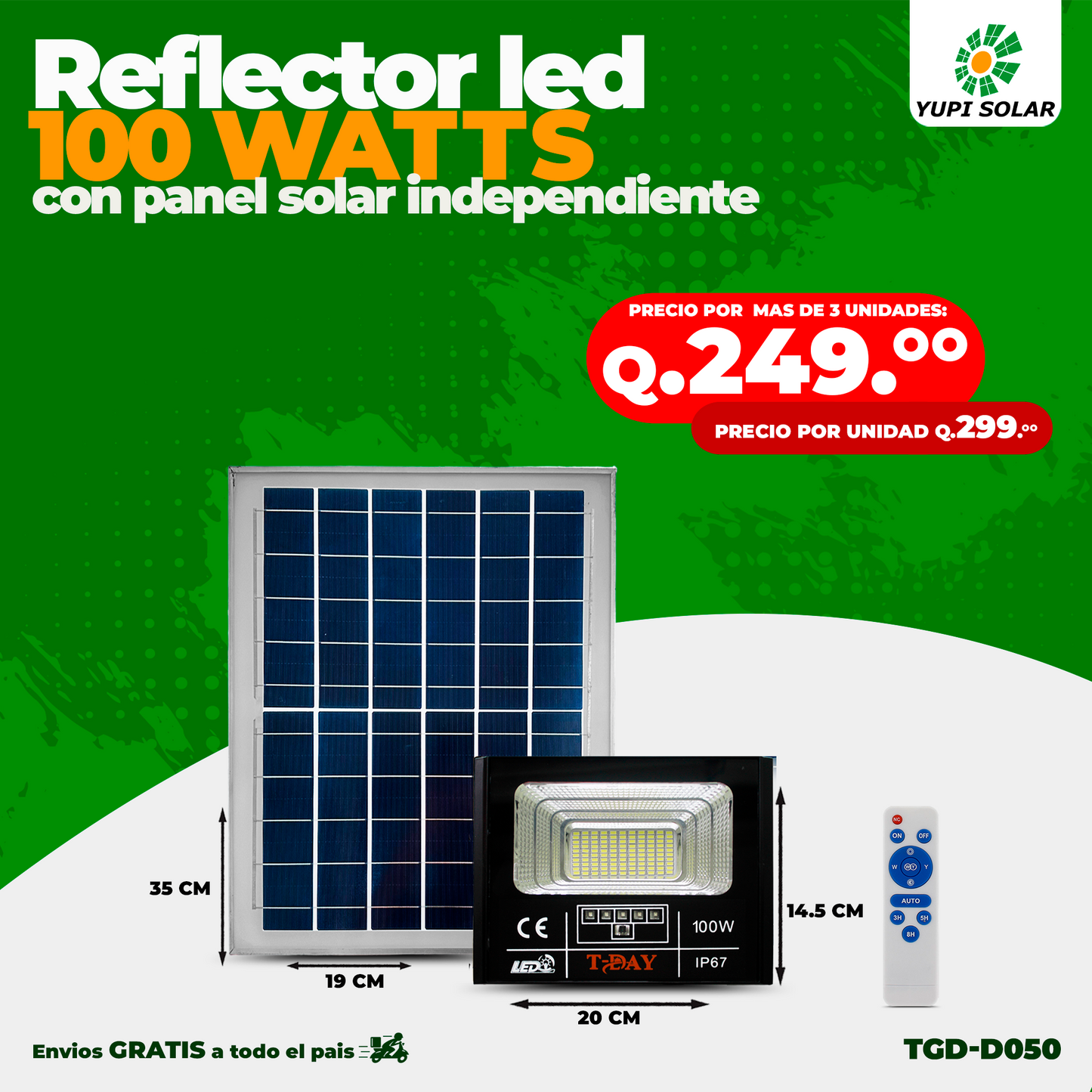 Reflector Led de 100 Watts con Panel Solar Independiente