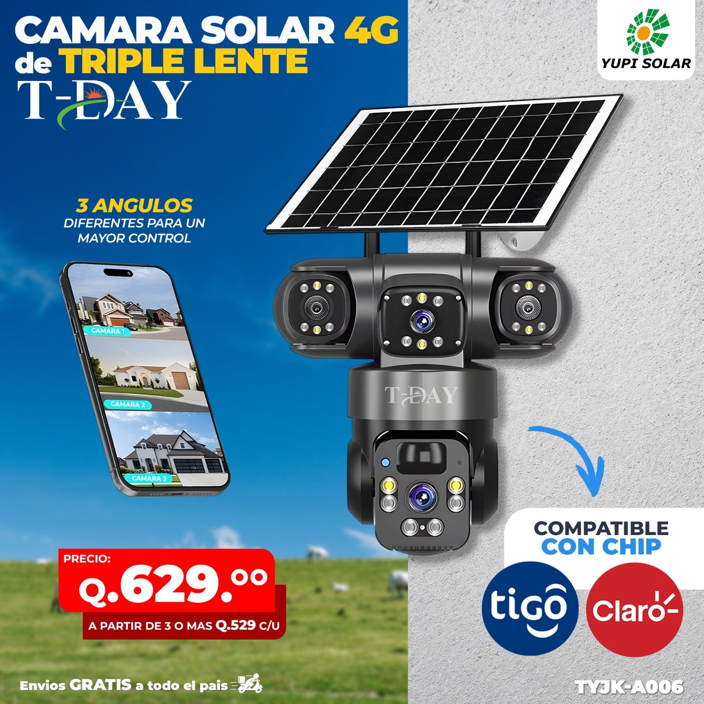 Cámara solar con chip 4g de triple lente