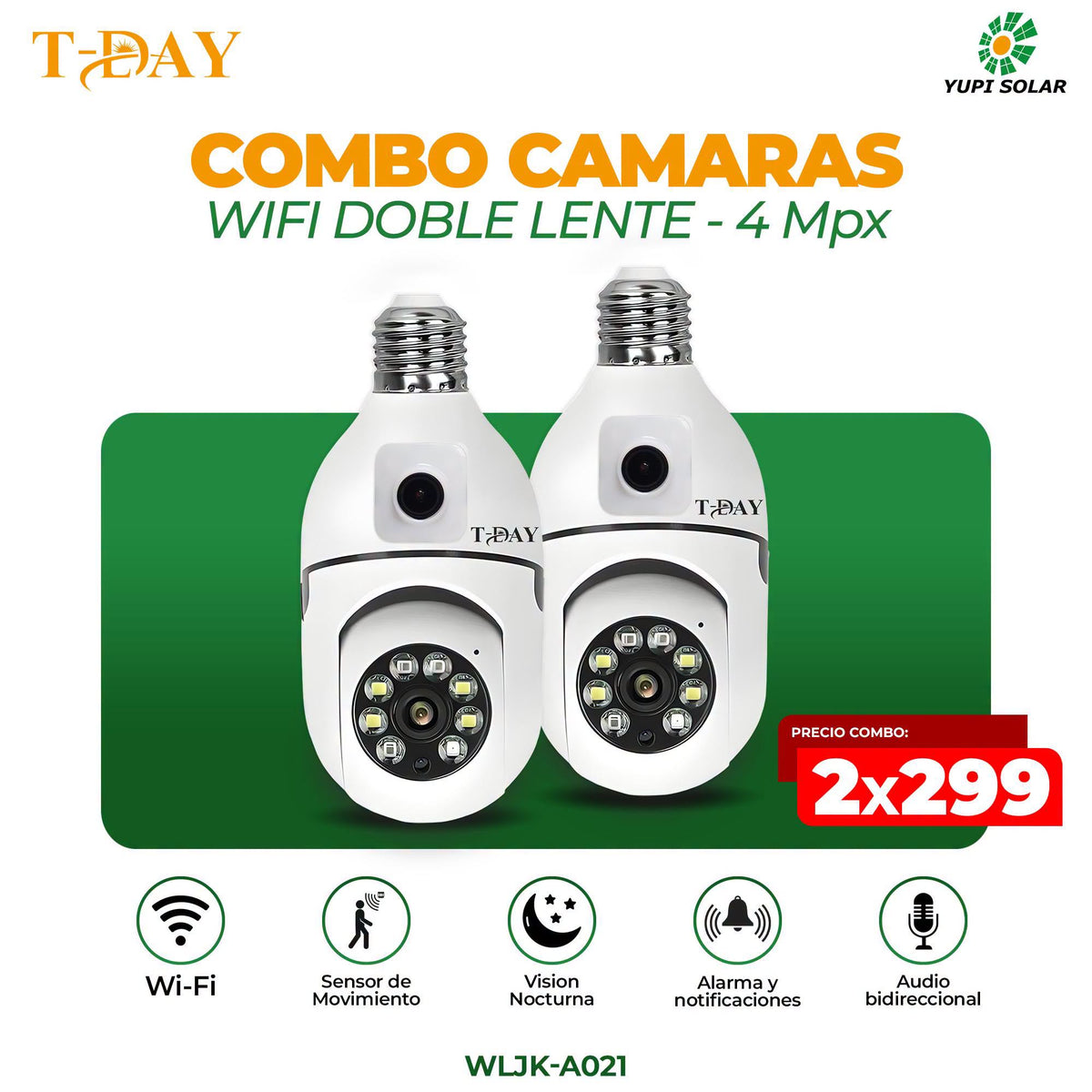 T-DAY Combo cámara wifi estilo foco doble lente de 4MPX