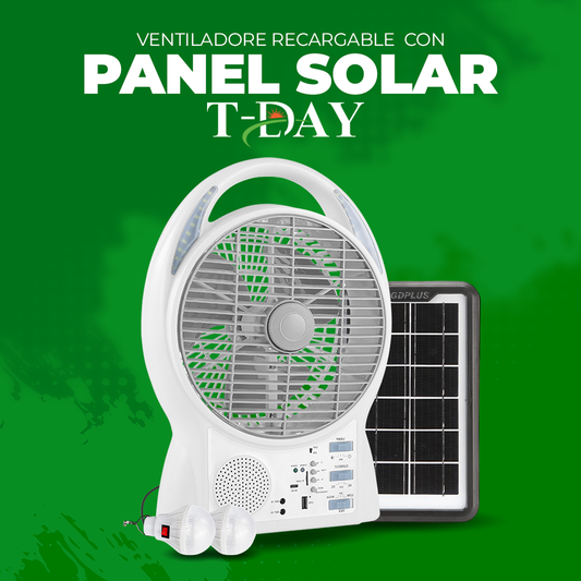 Ventilador con panel solar y accesorios incluidos