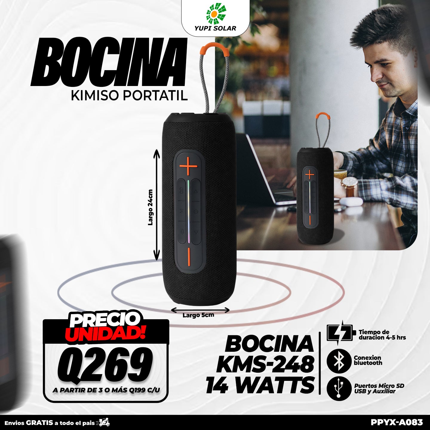 Bocina tipo barra recargable de 14 watts