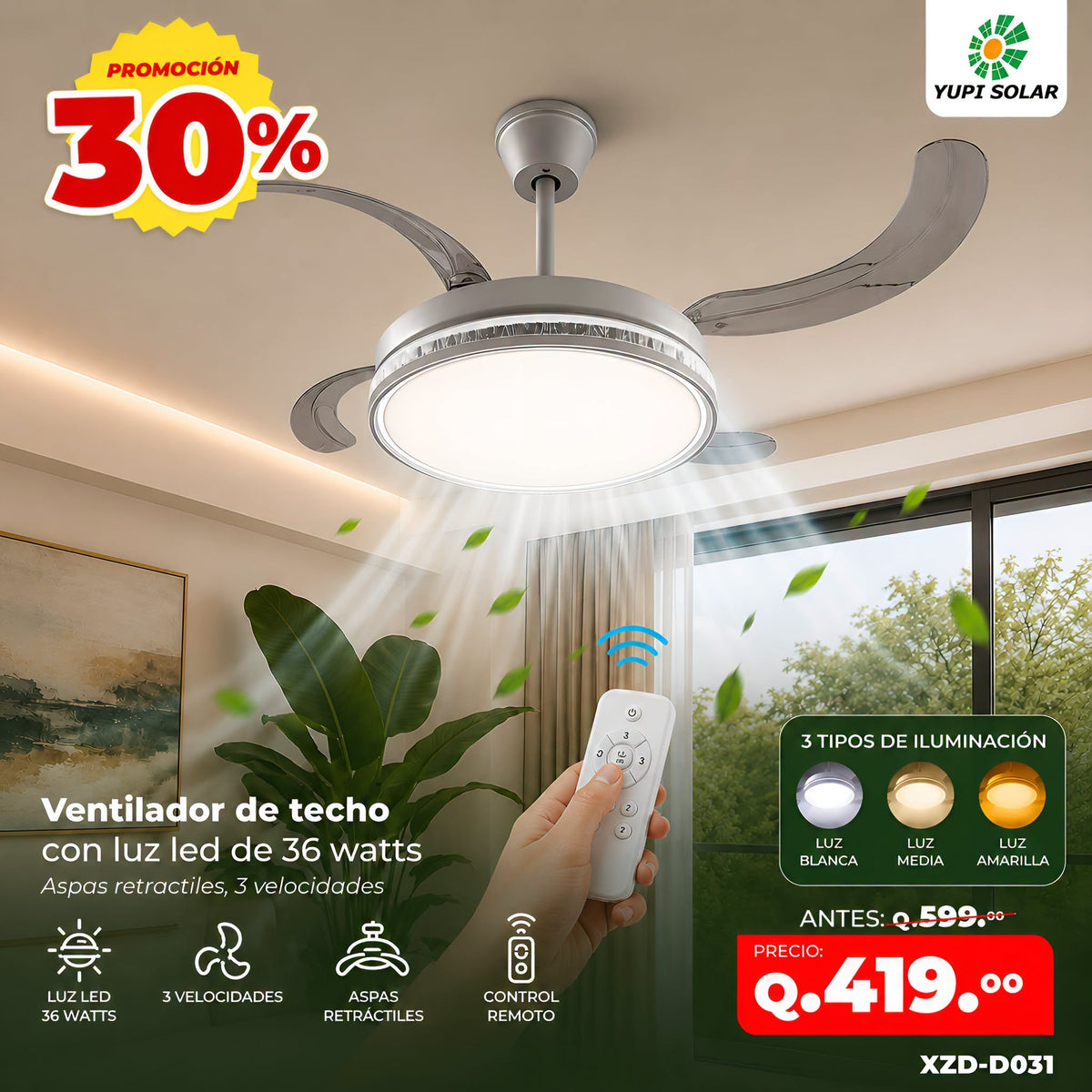 Ventilador de techo con luz led de 36 watts diseño de cristal