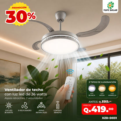 Ventilador de techo con luz led de 36 watts diseño de cristal