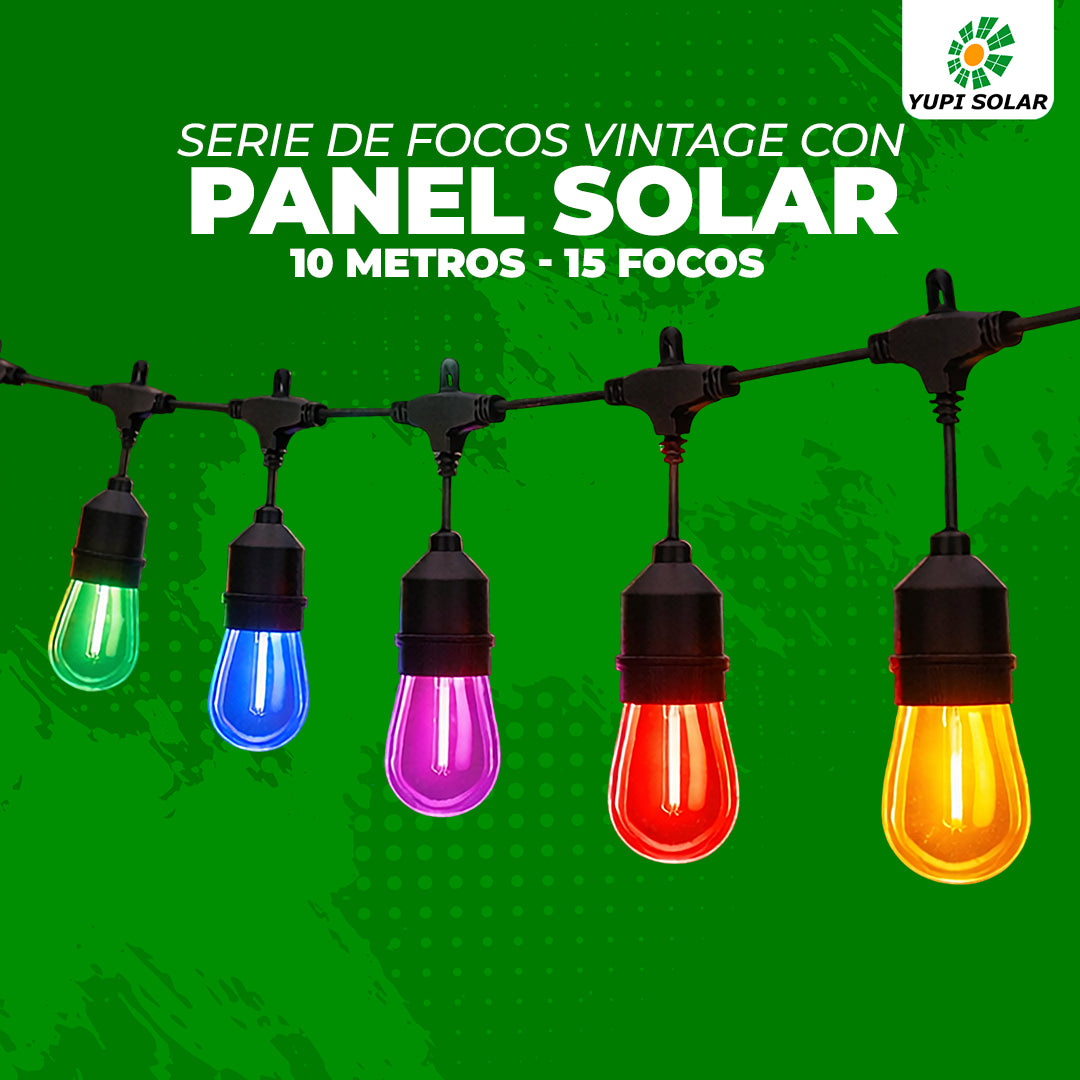 Serie de Focos Vintage con Panel Solar 10 metros 15 focos