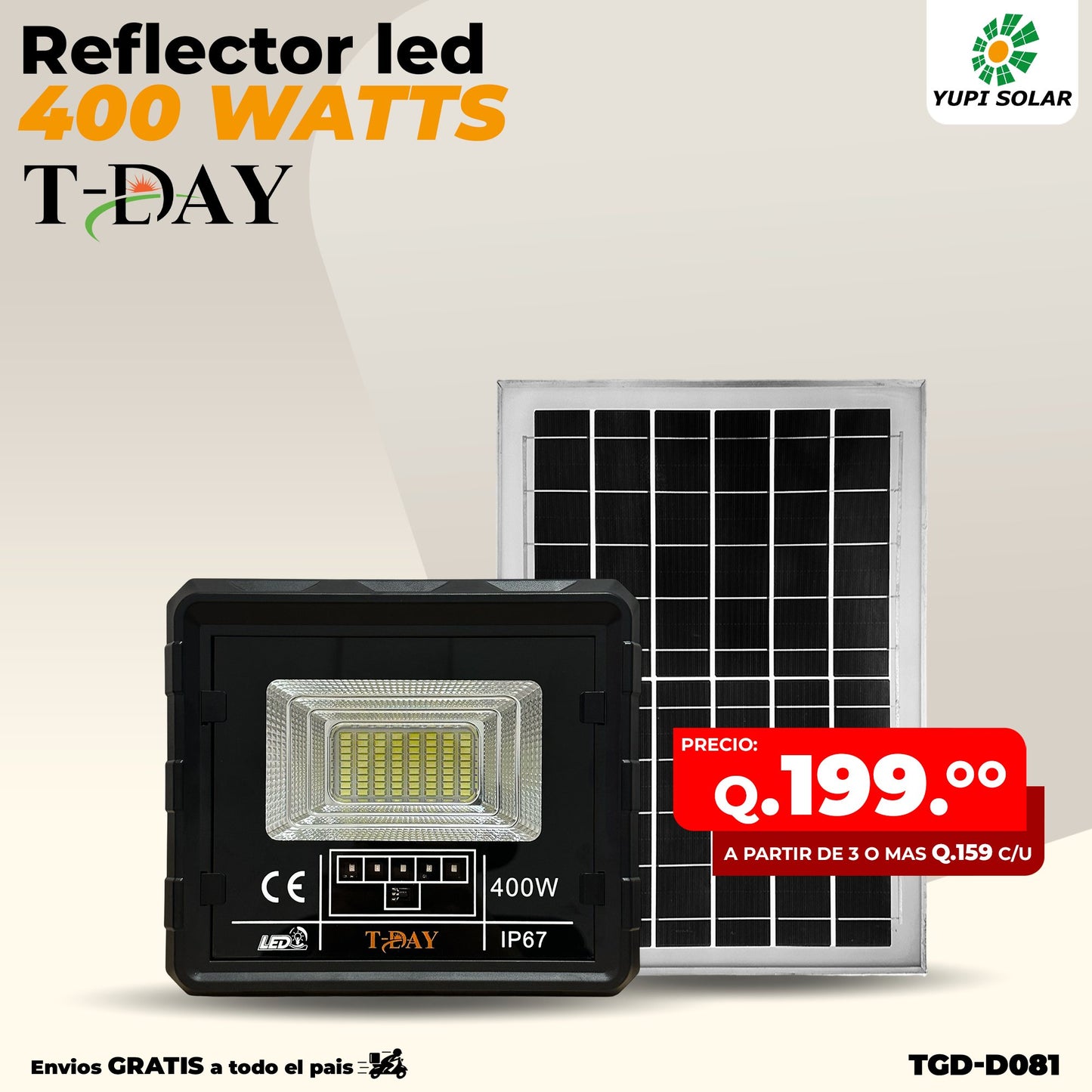 Reflector Led Con Panel Solar de 400 Watts