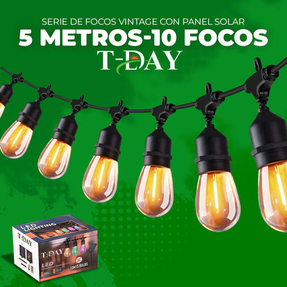 Serie de Focos Vintage con Panel Solar 5 metros 10 focos