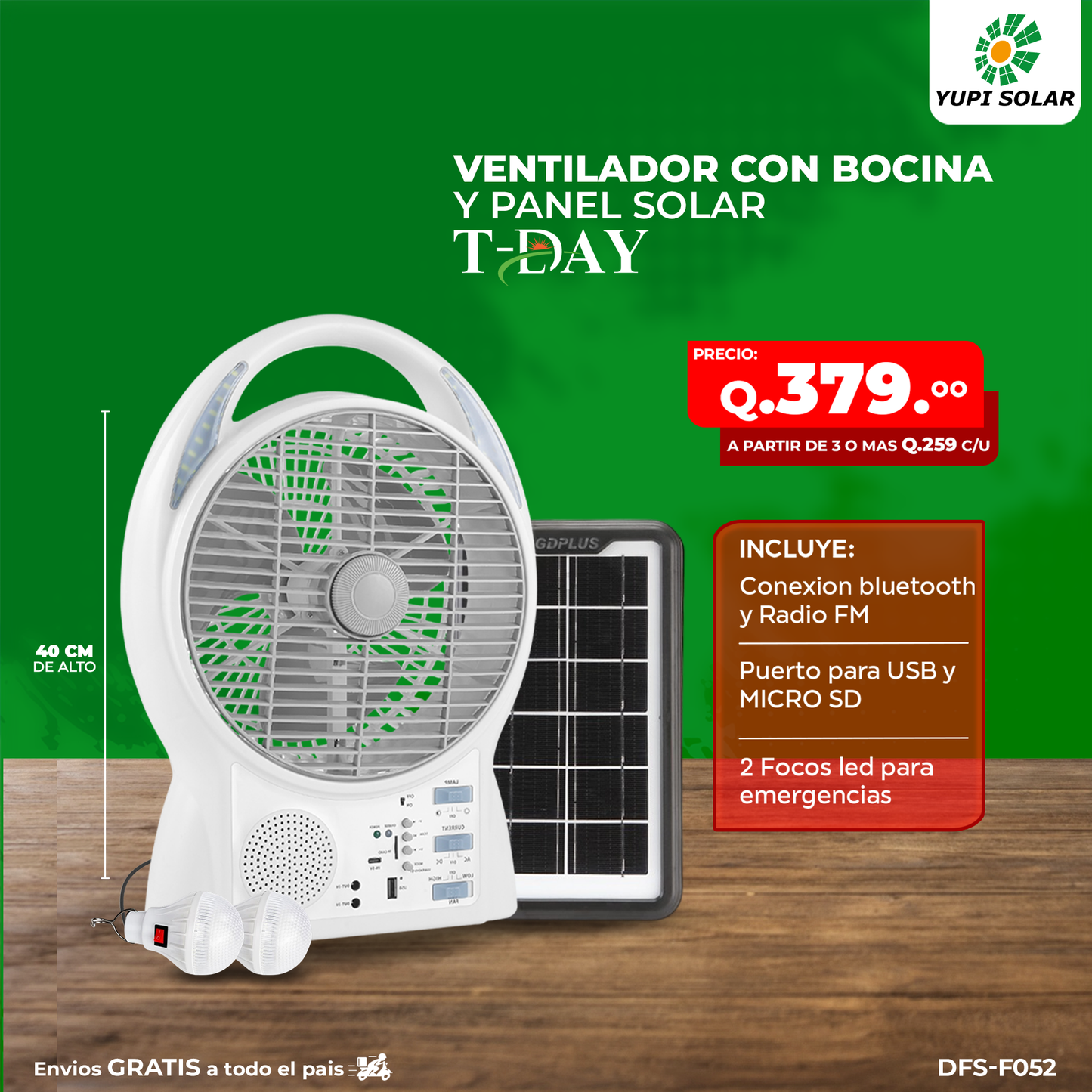 Ventilador con panel solar y accesorios incluidos