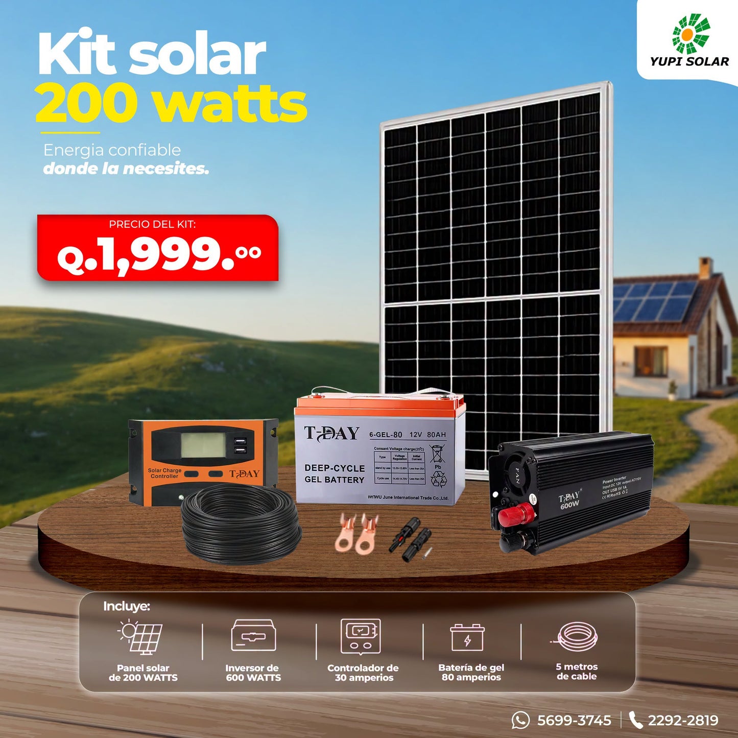 Kit solar 200 Watts con bateria gel de 80 Ah