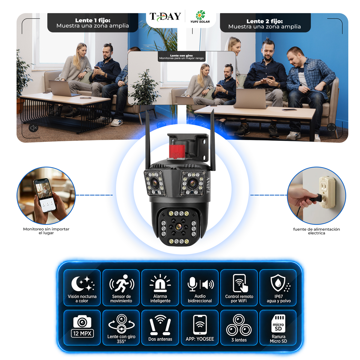 T-DAY Cámara WIFI triple lente 12MPX