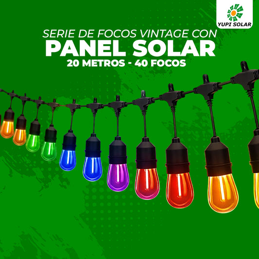 Serie de Focos Vintage con Panel Solar 20 metros 40 focos