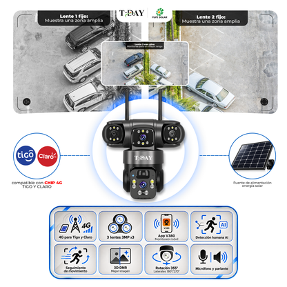 T-DAY Cámara solar con chip 4g de triple lente