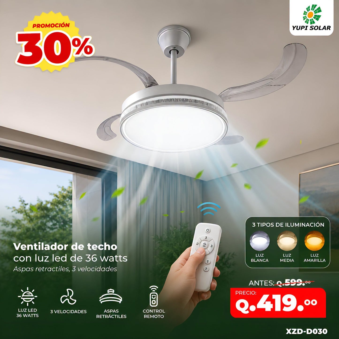 Ventilador de techo con luz led de 36 watts / doble linea