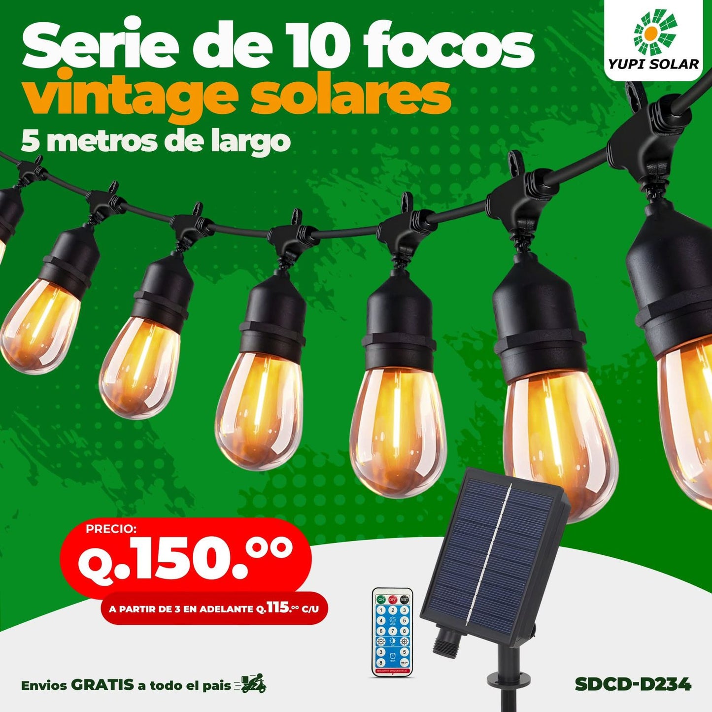 Serie de Focos Vintage con Panel Solar 5 metros 10 focos