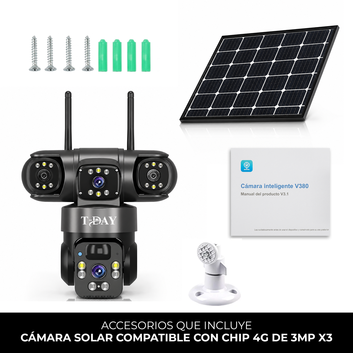 T-DAY Cámara solar con chip 4g de triple lente