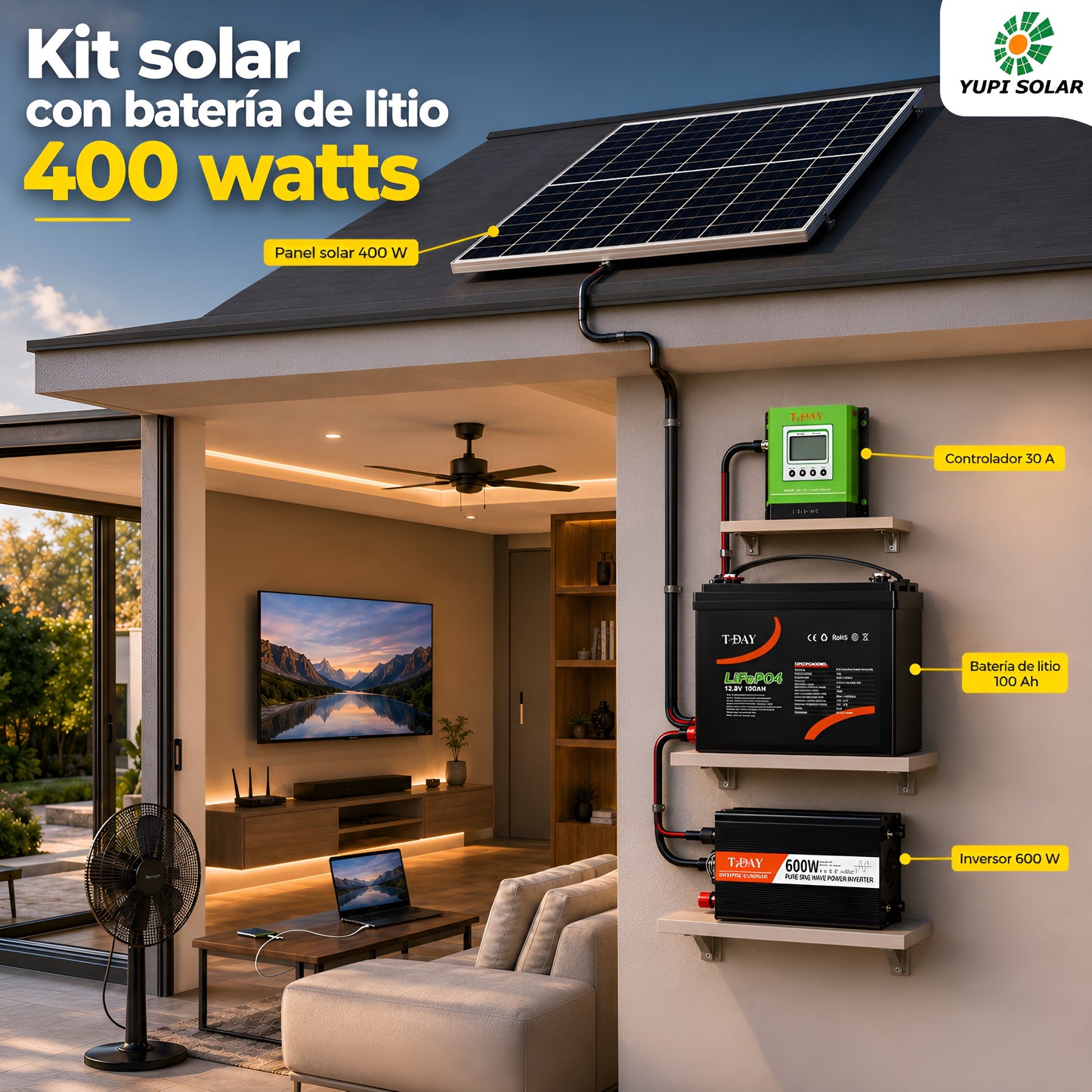 Kit solar 400 Watts con bateria de litio
