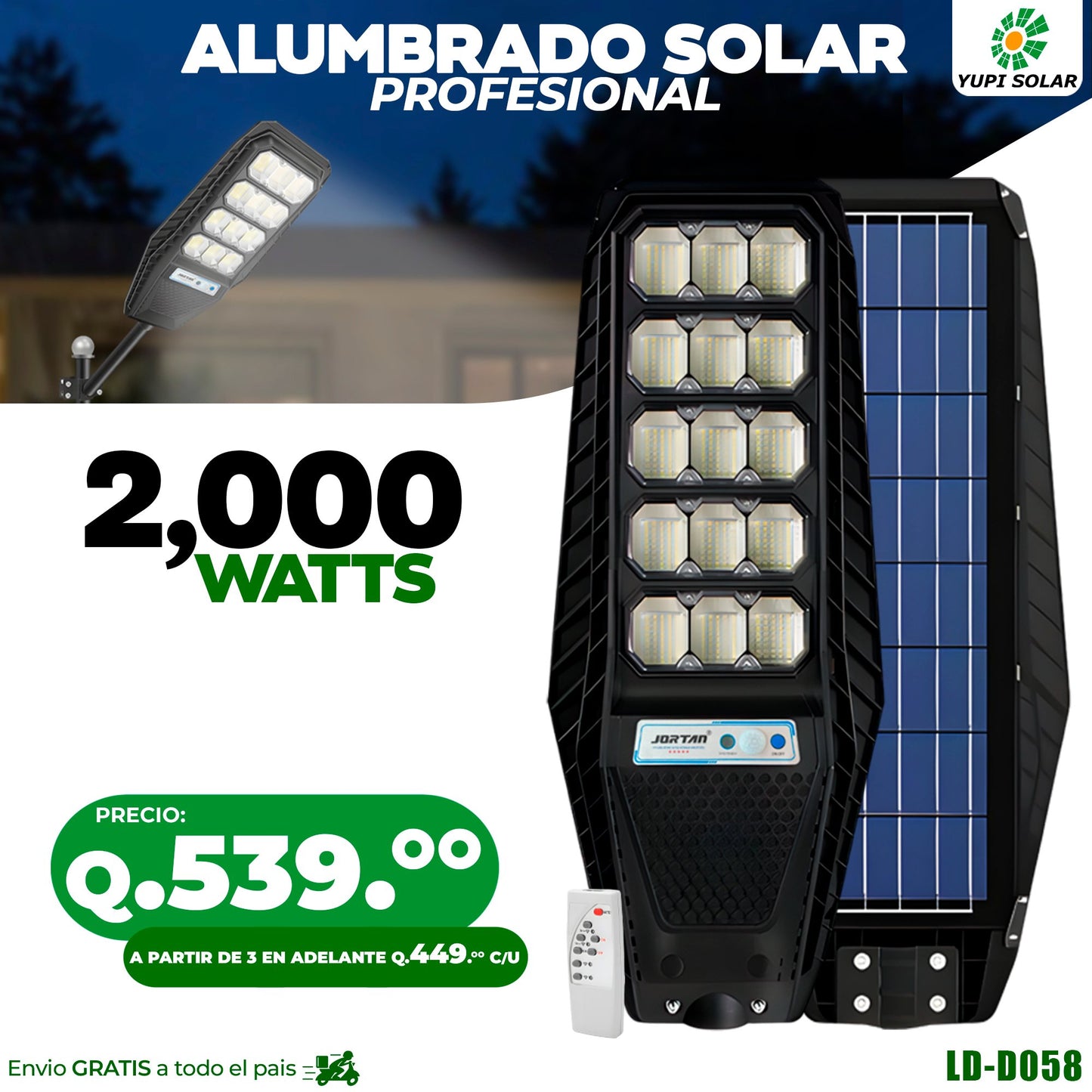 Alumbrado Profesional con panel solar 2,000 watts