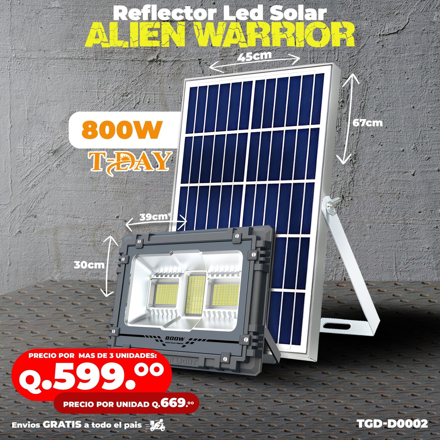 Reflector led 800 Watts con panel solar