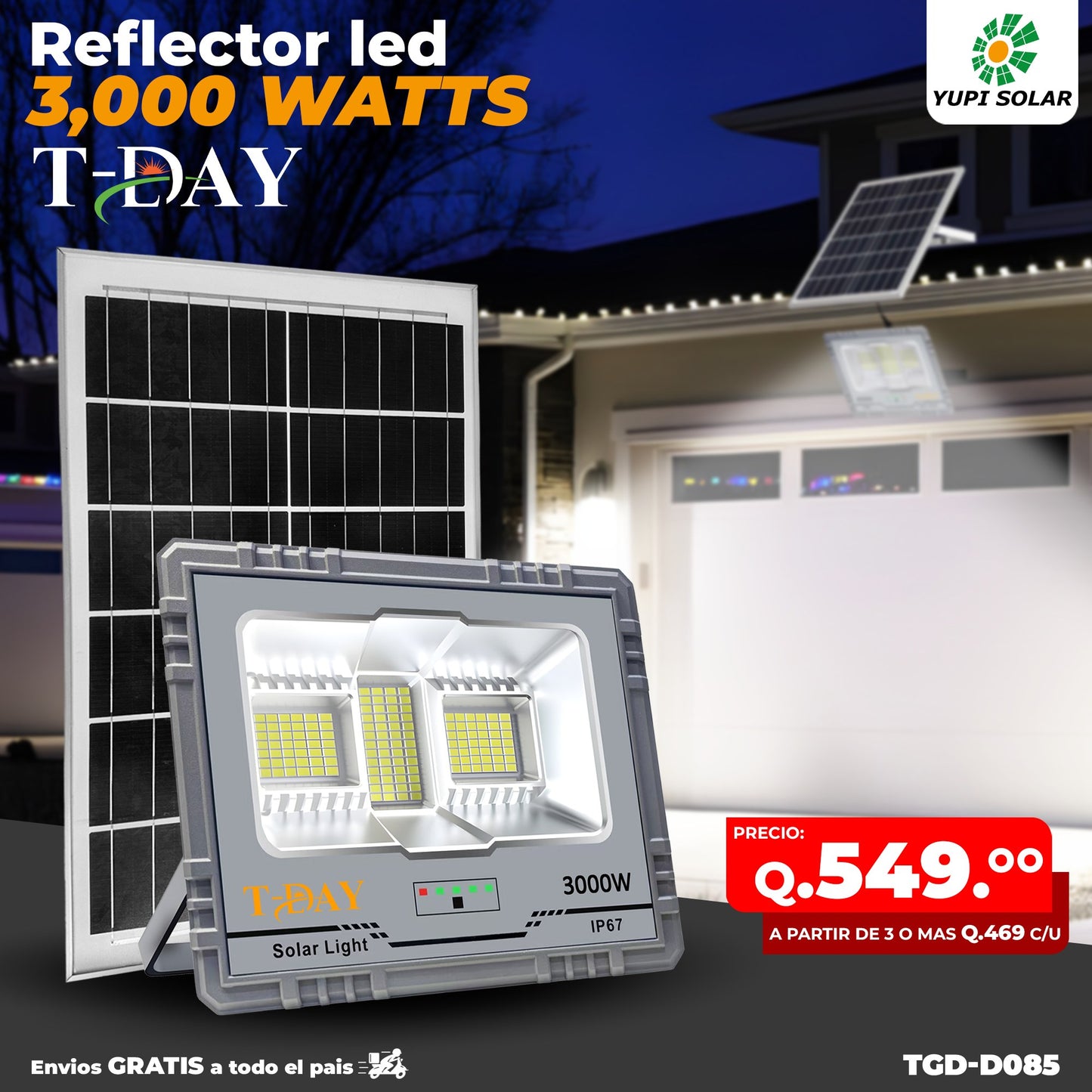 Reflector led con panel solar de 3,000 watts