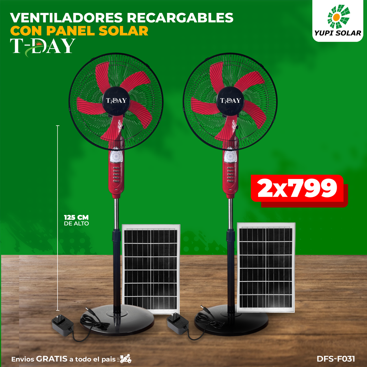 Combo de ventiladores recargables con panel solar color rojo
