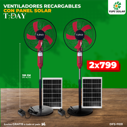 Combo de ventiladores recargables con panel solar color rojo