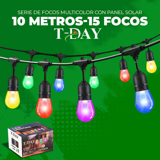 Serie de Focos Vintage con Panel Solar 10 metros 15 focos