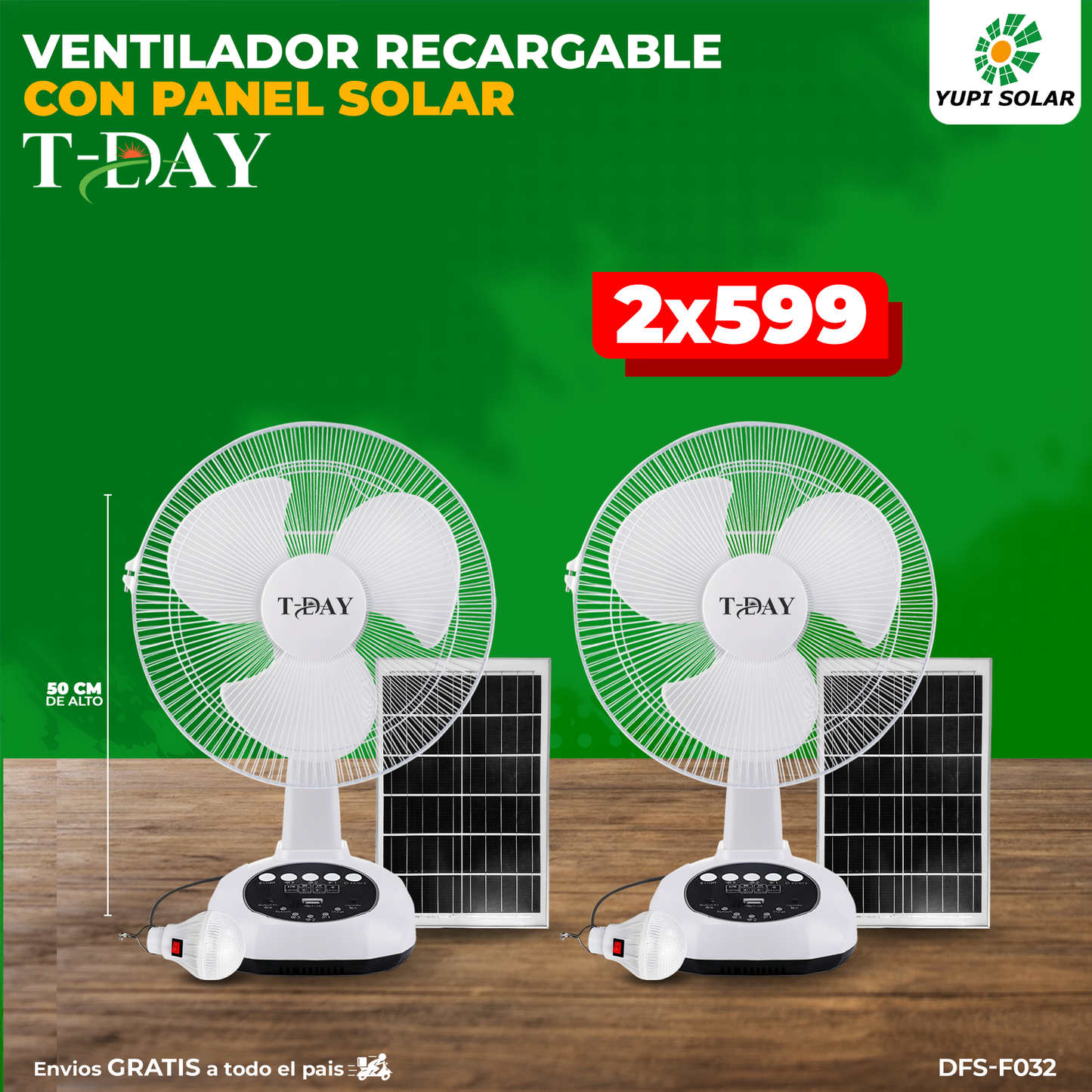 Combo de ventiladores recargables con panel solar y accesorios incluidos