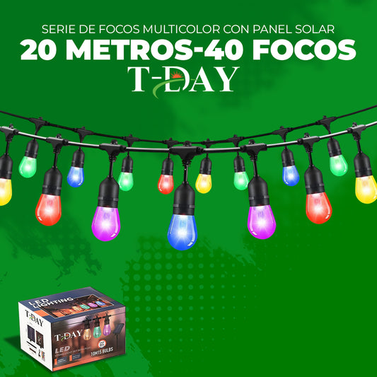 Serie de Focos Vintage con Panel Solar 20 metros 40 focos