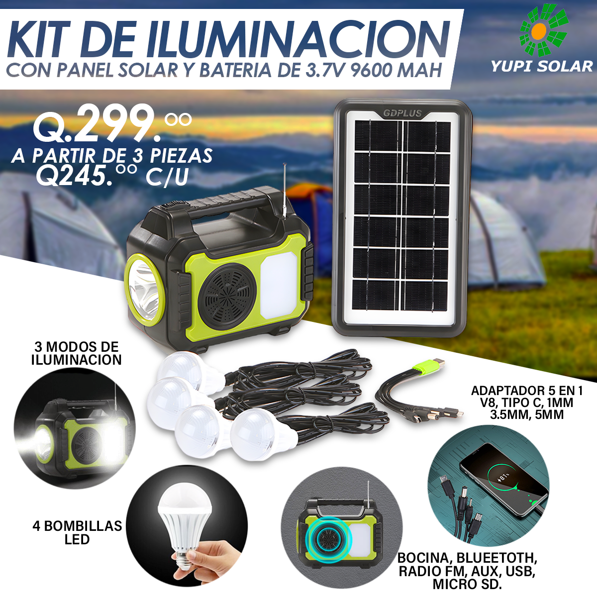 Kit solar iluminacion 12v 500whdia