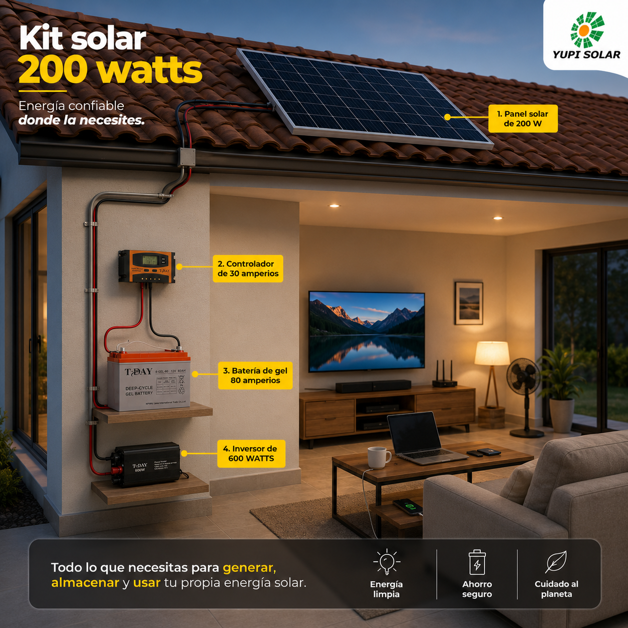 Kit solar 200 Watts con bateria gel de 80 Ah