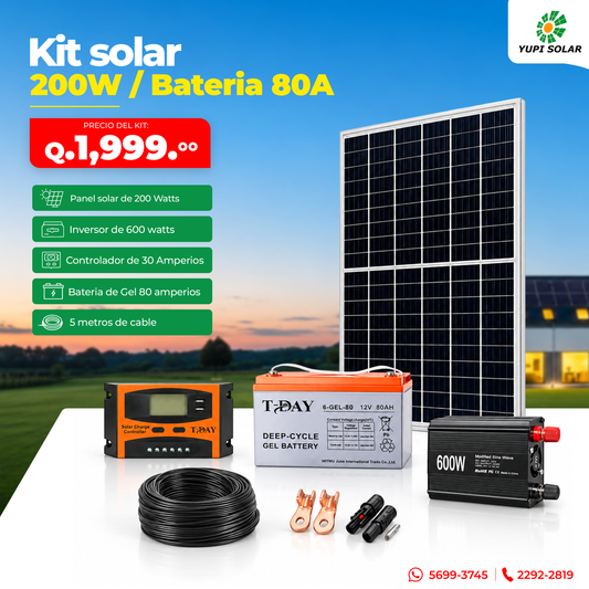 Kit solar 200 Watts con bateria gel de 80 Ah