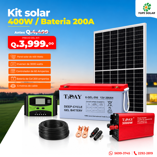 Kit solar 400 Watts con batería de 200 Ah