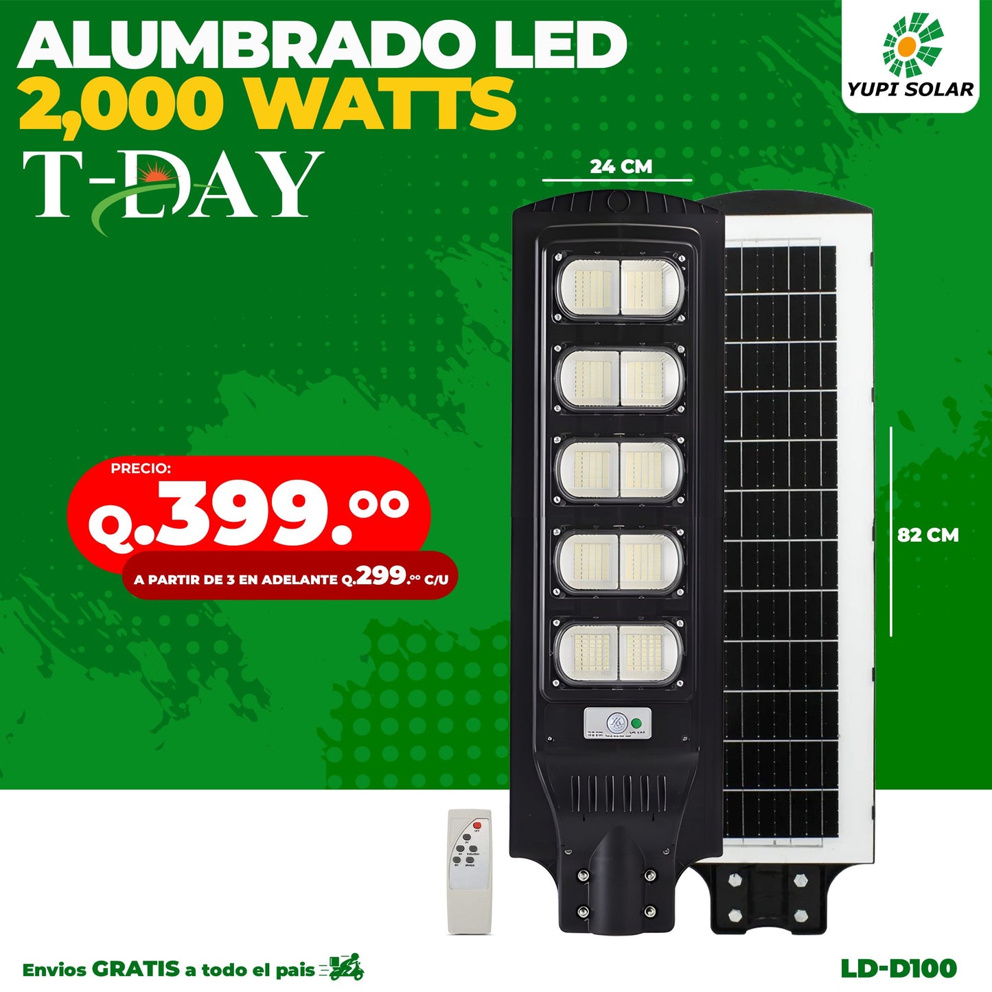Lampara LED con Panel Solar Incorporado de 2,000 WATTS