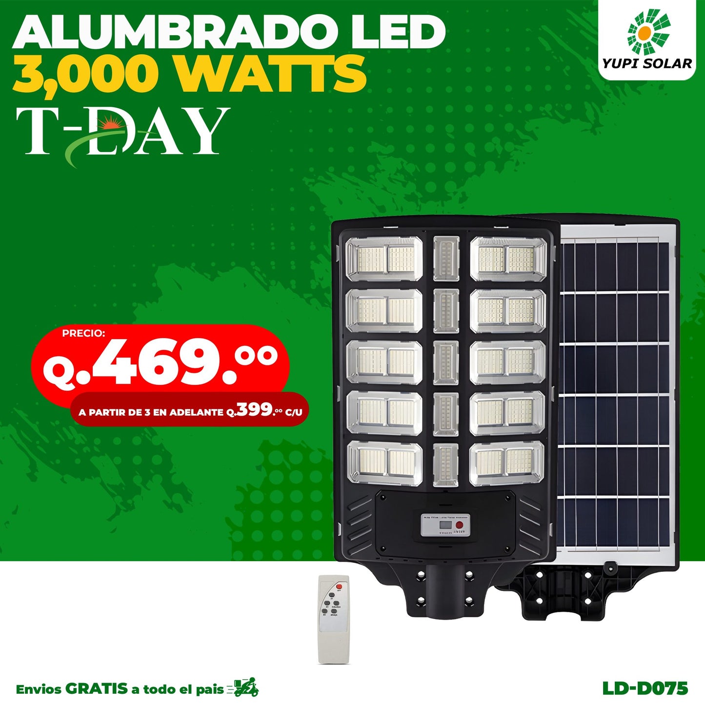 Lampara Solar LED con panel solar incorporado de 3,000 WATTS