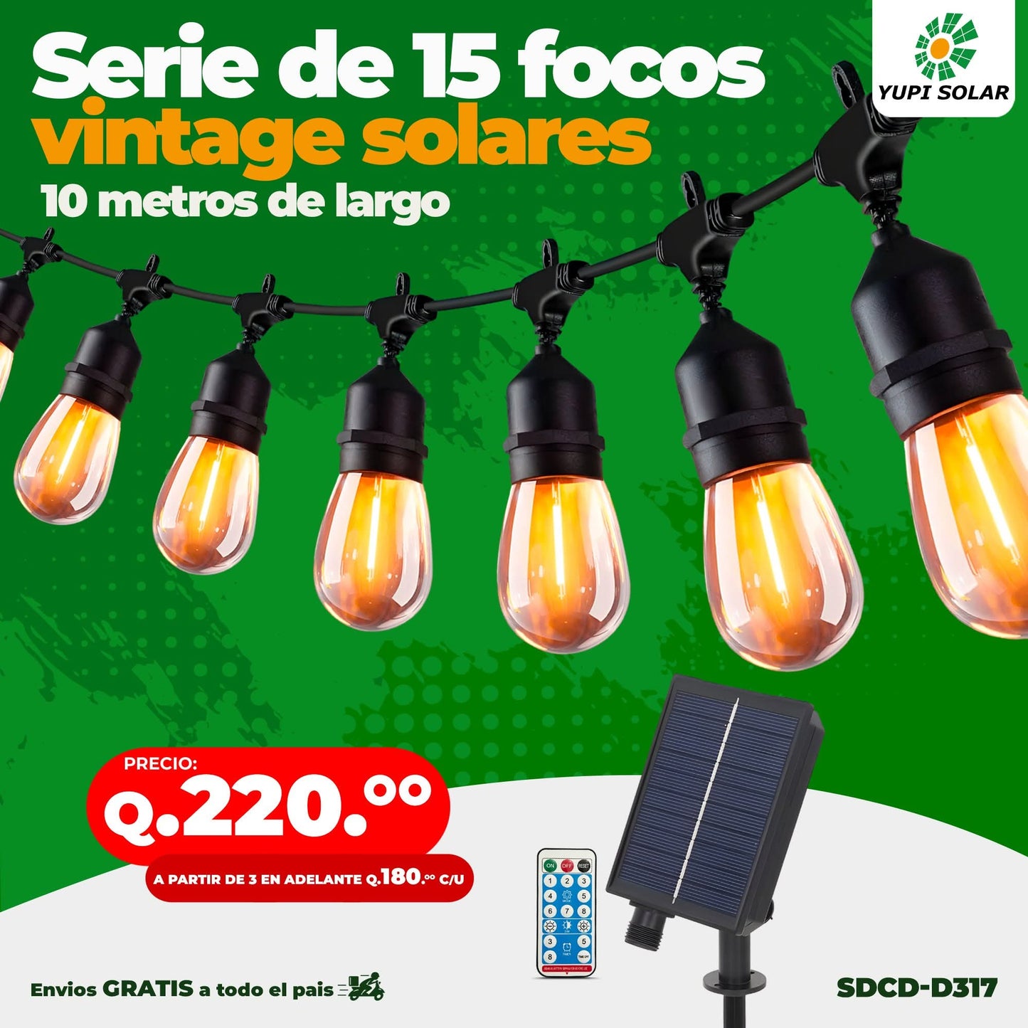 Serie de Luces Vintage Solares de 10 Metros de largo y 15 Focos