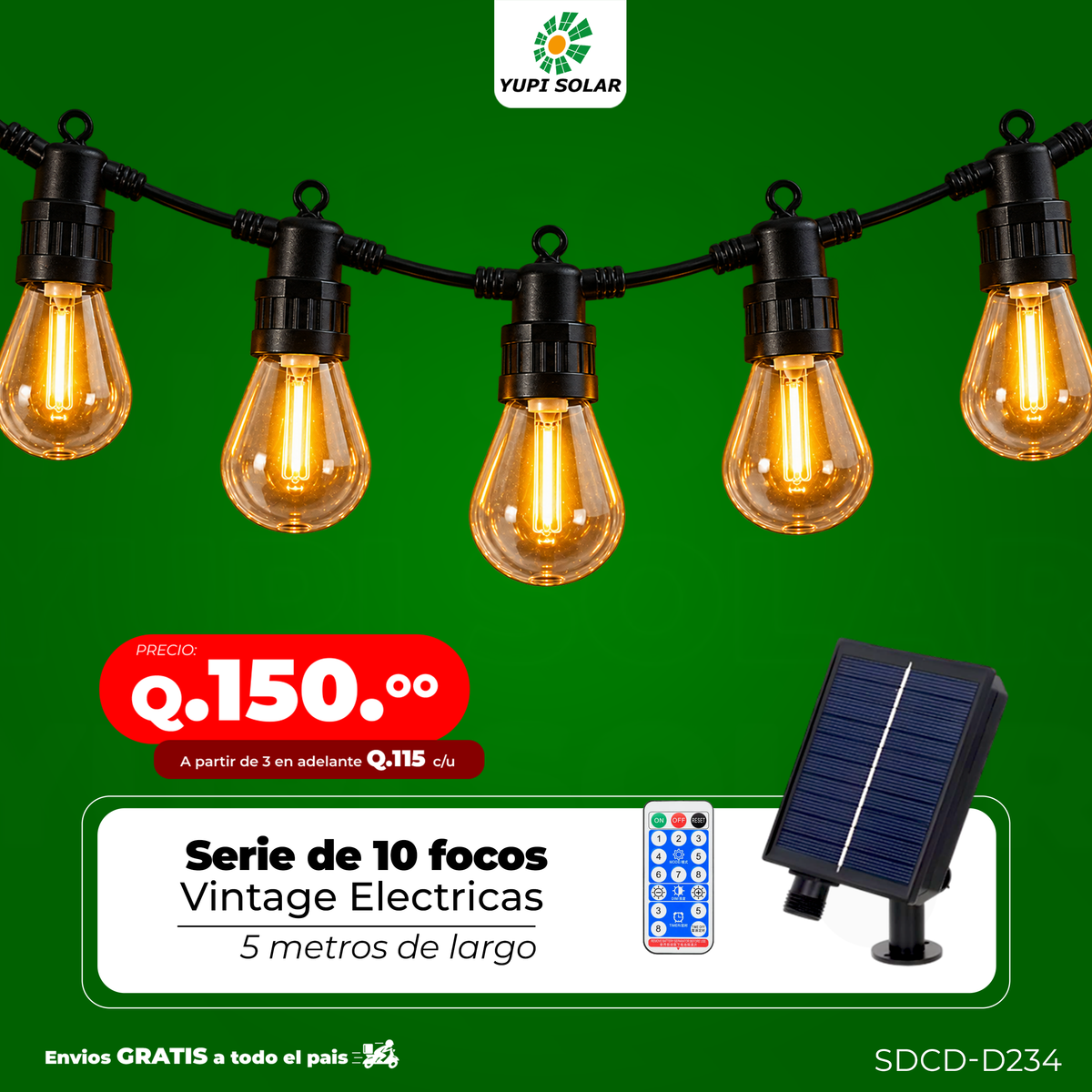Serie de Focos Vintage con Panel Solar 5 metros 10 focos