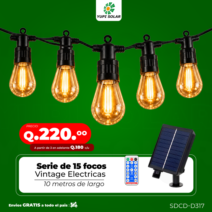 Serie de Focos Vintage Solares 10 metros de largo 15 focos